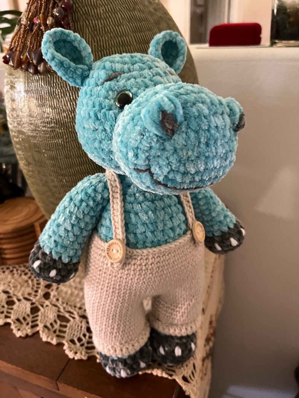 Teal blue 13” Plush Chenille yarn Hippo Stuffed Animal in Cream Overalls -